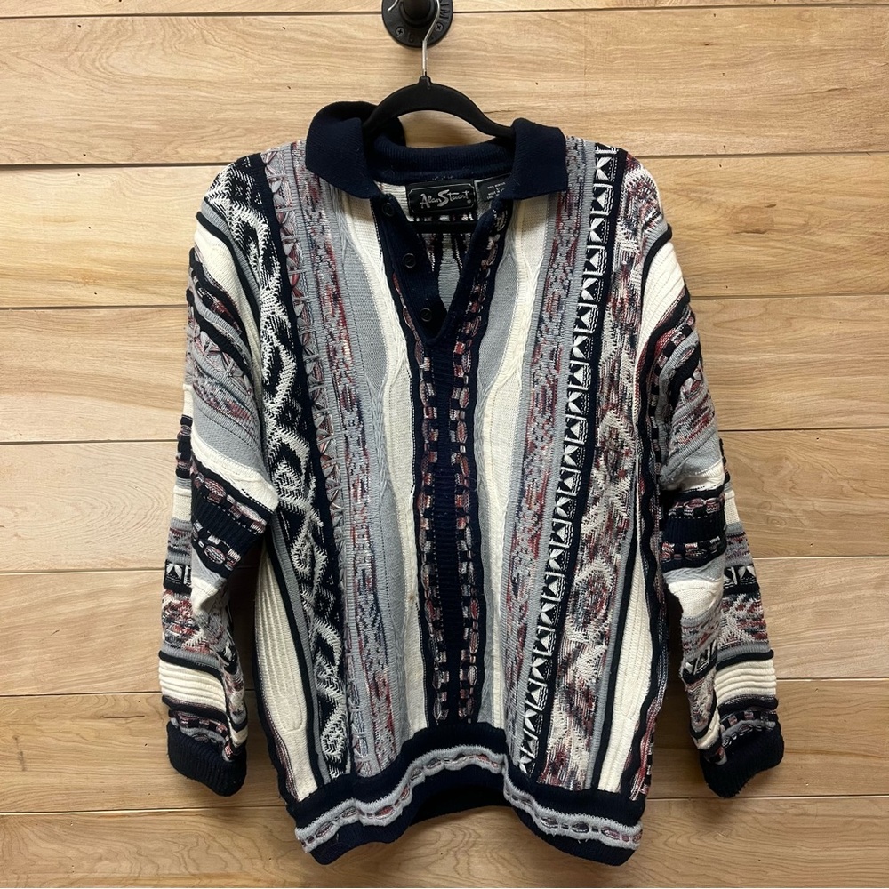 Vintage Alan Stuart bill cosby button up collared blue and white sweater